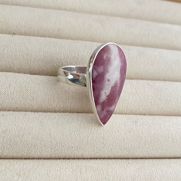 925 Sterling Silver Large Rhodochrosite Gemstone Teardrop  Ring - Picture 16 of 16